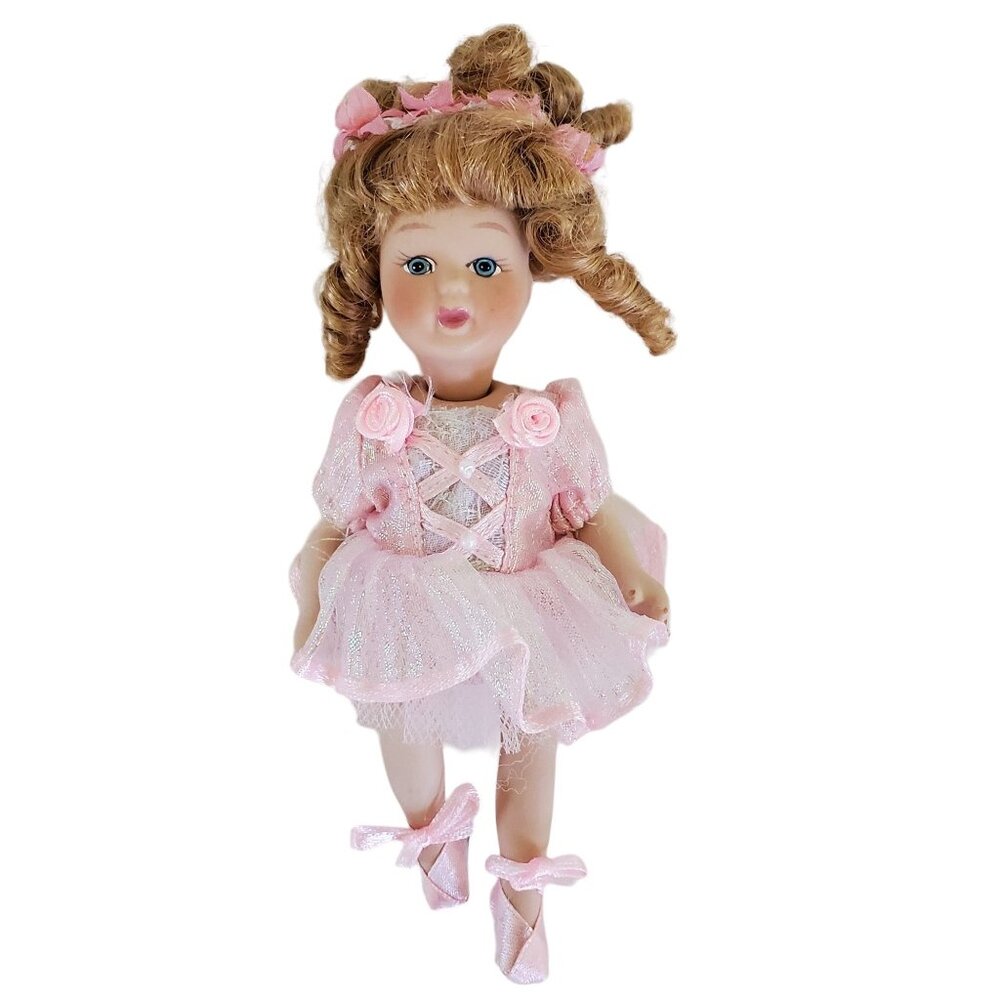 Geppeddo Collectible Porcelain Ballerina Doll 7" Pink Dress & Ballet Shoes Boxed